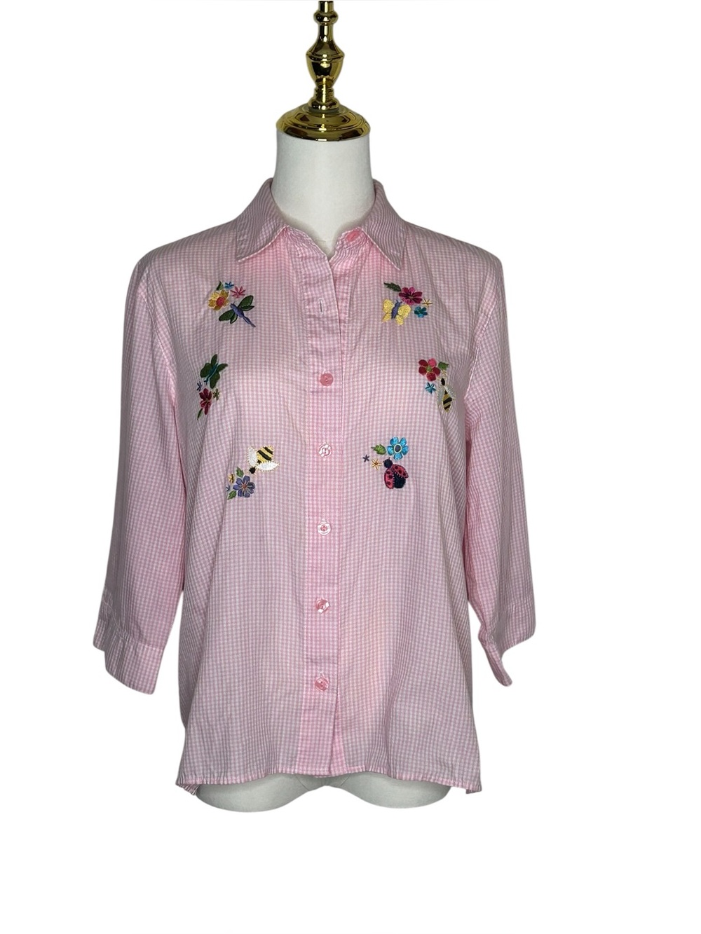 Breckenridge Cottagecore Gingham Vintage Button Shirt Floral Embroidery Sz MP